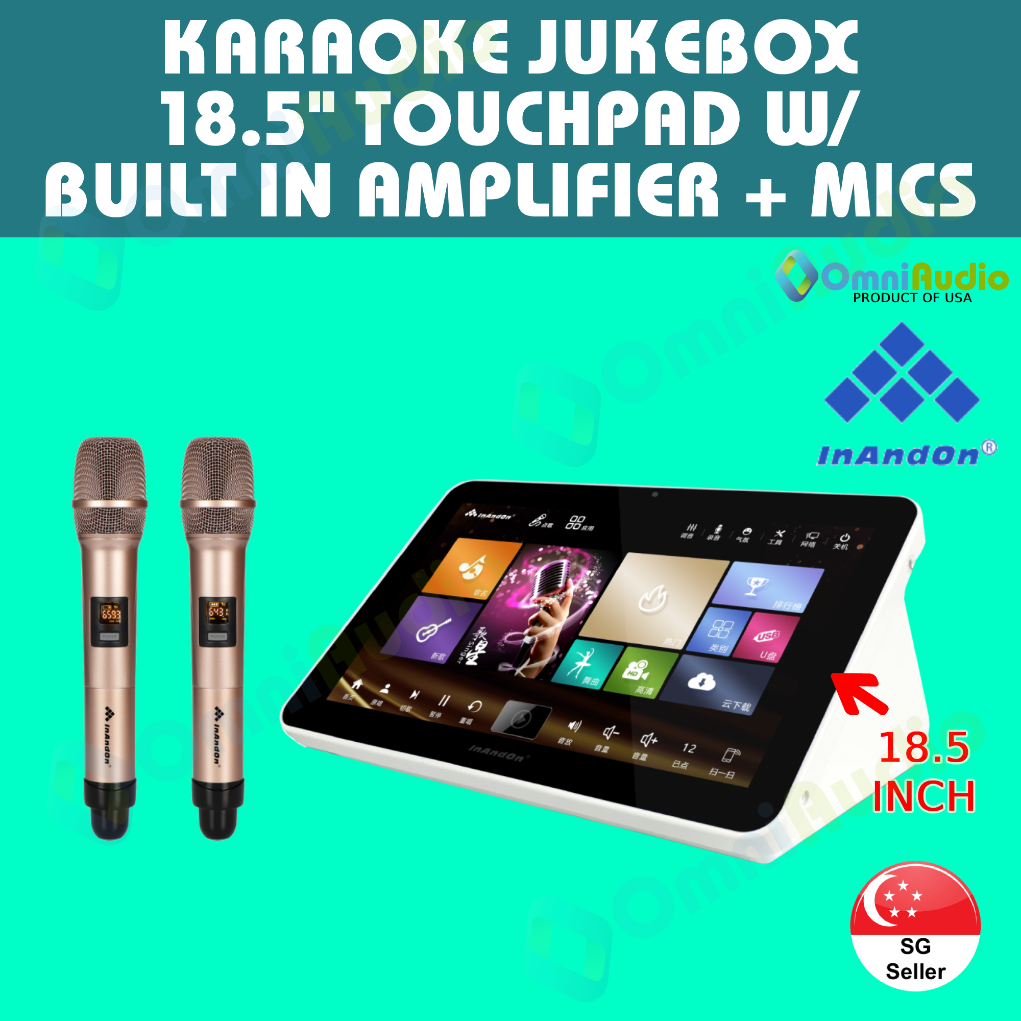 [INANDON 5-IN-1 KARAOKE W/ 400,000+ ORIGINAL SONGS] FULL KARAOKE SYSTEM WITH 18.5" INANDON TOUCHPAD JUKEBOX + 2 UHF MICS + BUILT IN AMPLIFIER (FREE SPEAKER WIRES)