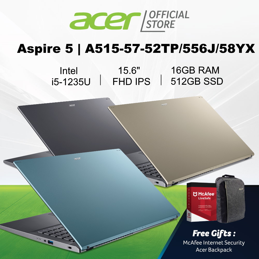 Acer Aspire 5 A515-57-52TP/556J/58YX (Gold/Blue/Grey) 15.6" FHD IPS Laptop with 12th Gen Intel i5-1235U Processor and 16GB RAM